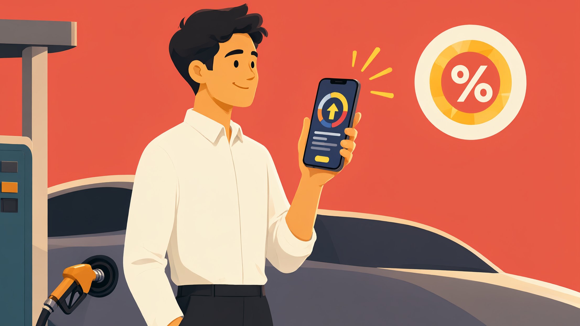 Motorista conferindo cashback de combustível no celular enquanto abastece no posto