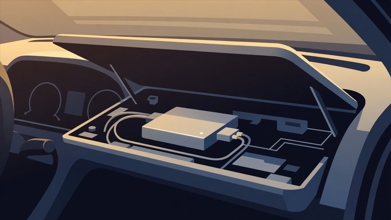 Instalação de rastreador veicular sob o painel — componente eletrônico sendo posicionado na estrutura do carro
