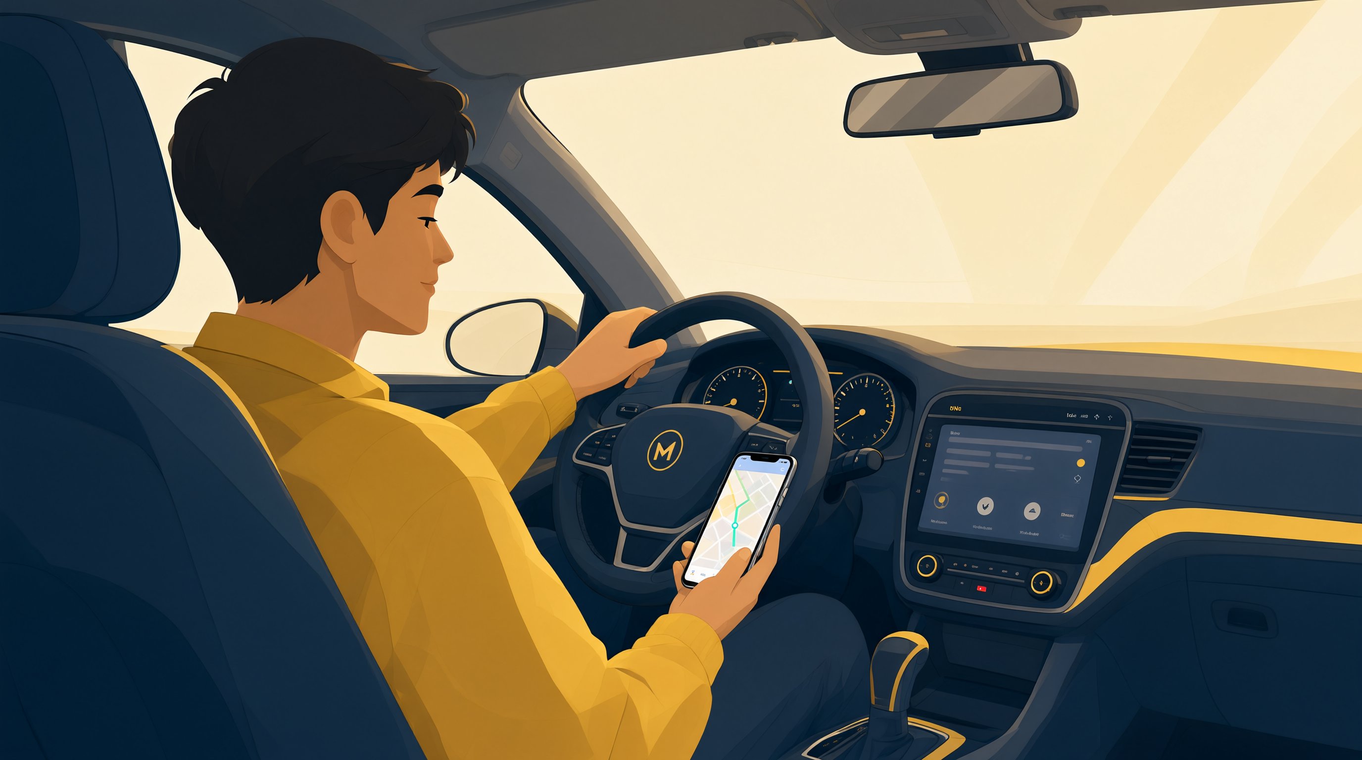 Motorista digitando endereço de destino no aplicativo antes de iniciar o trajeto de volta