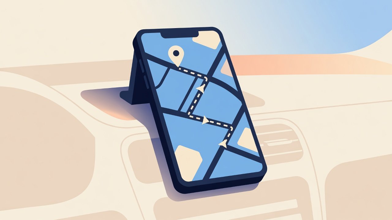 Celular com aplicativo de navegação no suporte do carro